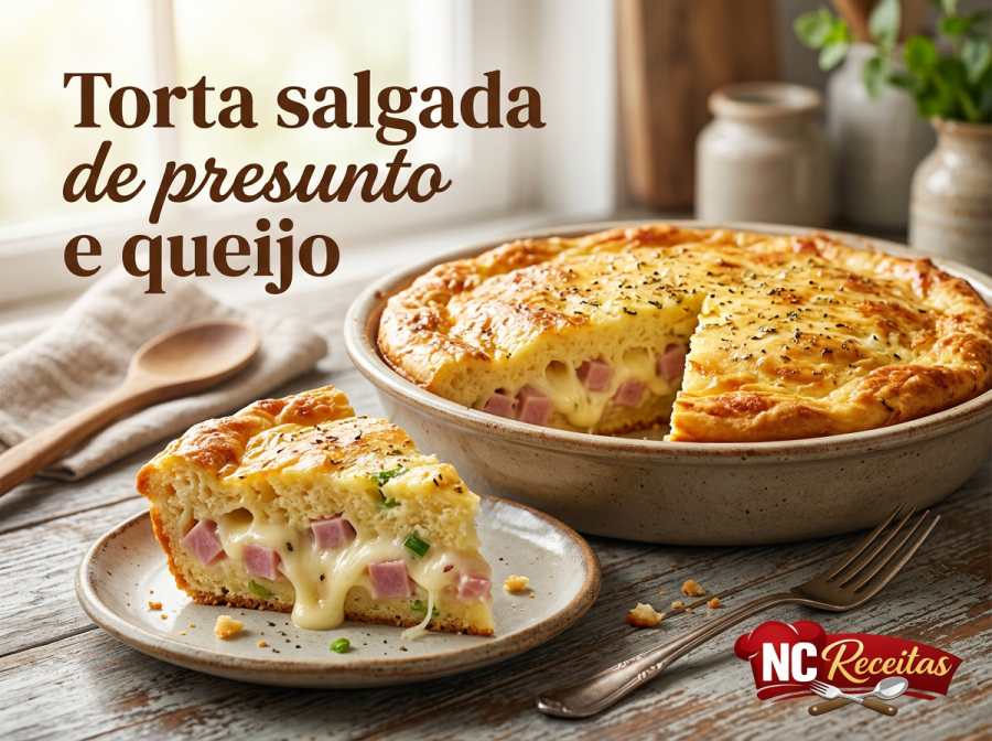 Torta salgada de presunto e queijo fácil: receita prática e fofinha para qualquer momento