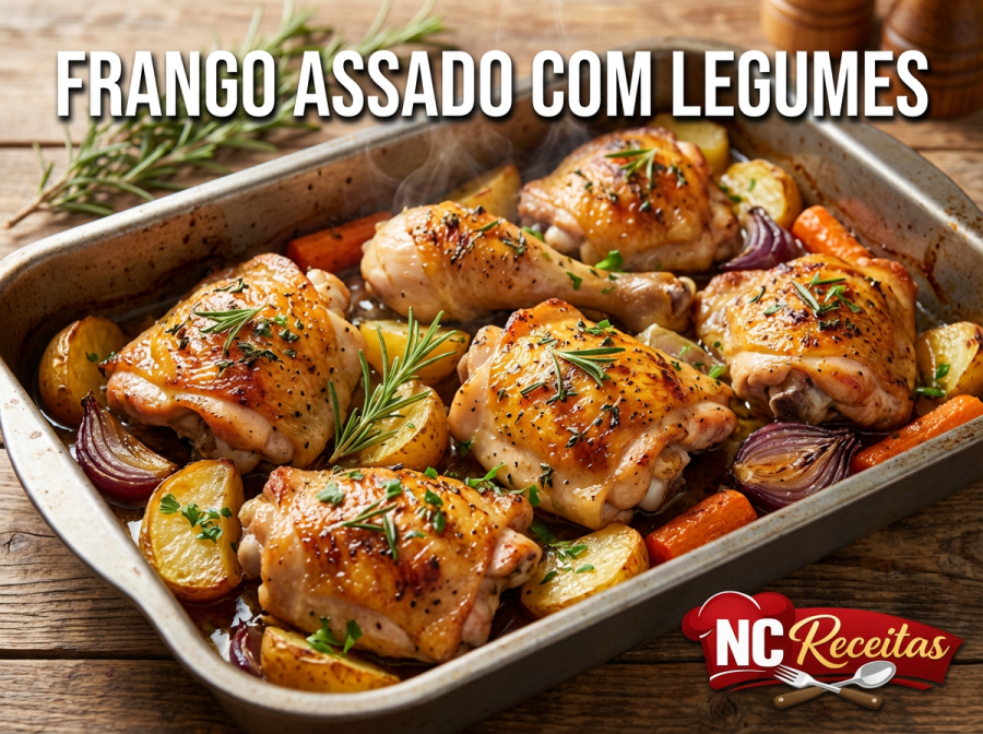 Frango assado com legumes dourado e suculento: receita fácil para o almoço