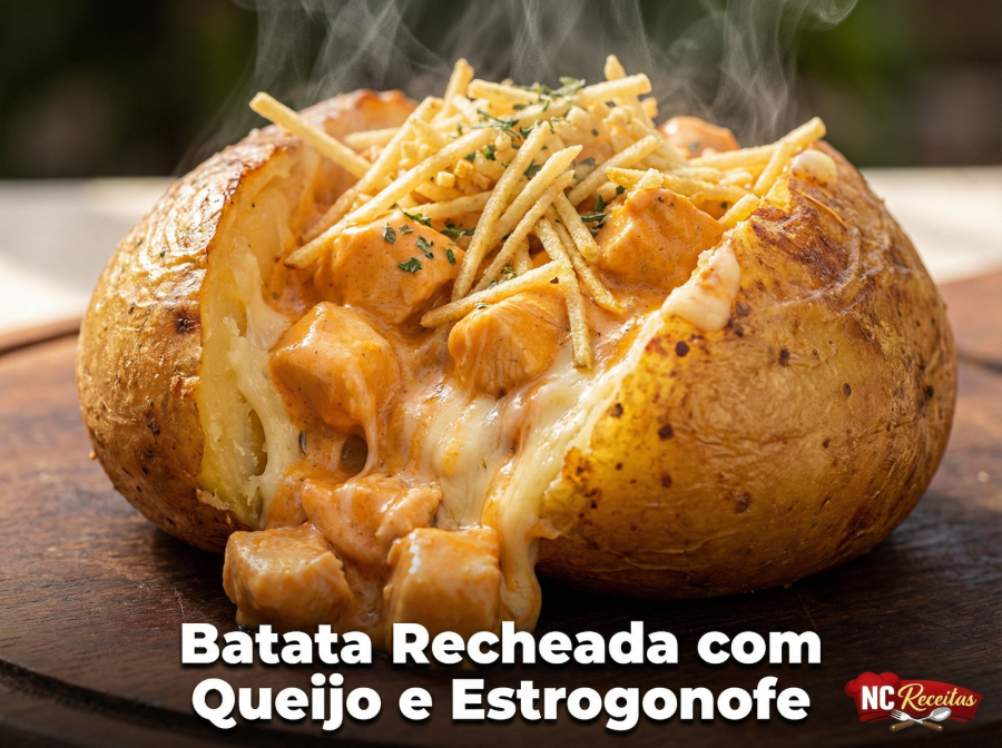 Batata recheada com queijo e estrogonofe: receita completa e cremosa para uma refeição especial