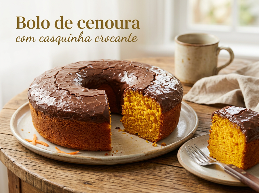 Bolo de cenoura com casquinha crocante: o clássico caseiro com cobertura que quebra na mordida