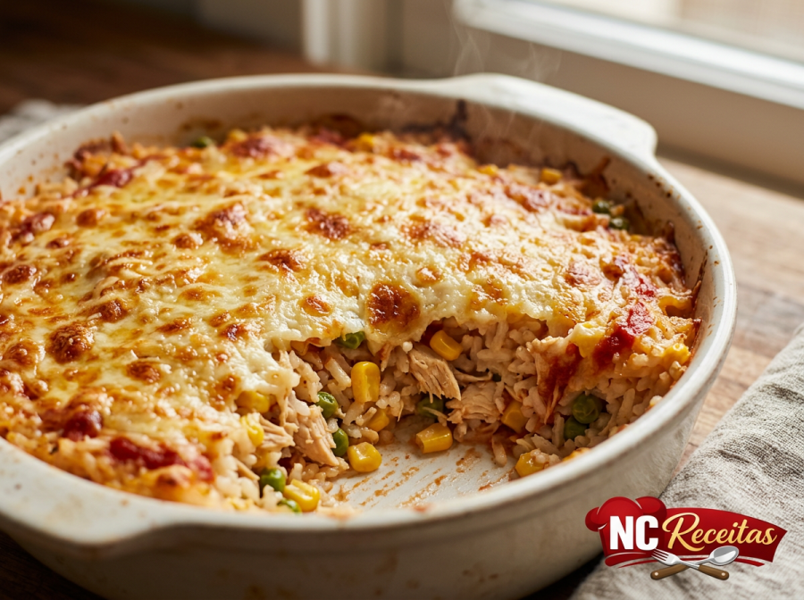 Arroz de forno com frango e queijo: receita cremosa, gratinada e perfeita para o almoço em família
