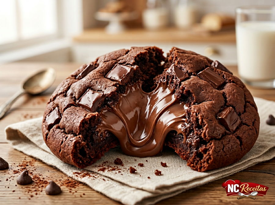 Cookie de Chocolate com Recheio de Nutella: receita caseira grande, macia por dentro e irresistível