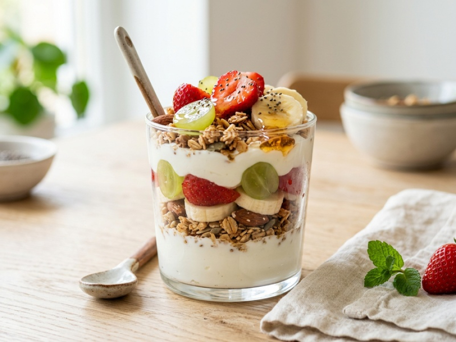 Iogurte Grego com Granola e Frutas: receita em camadas bonita, saudável e perfeita para o dia a dia